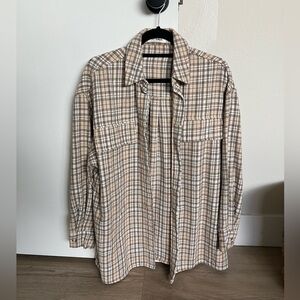 Oversized Flannel Plaid Button Down Shirt - Tan and White
